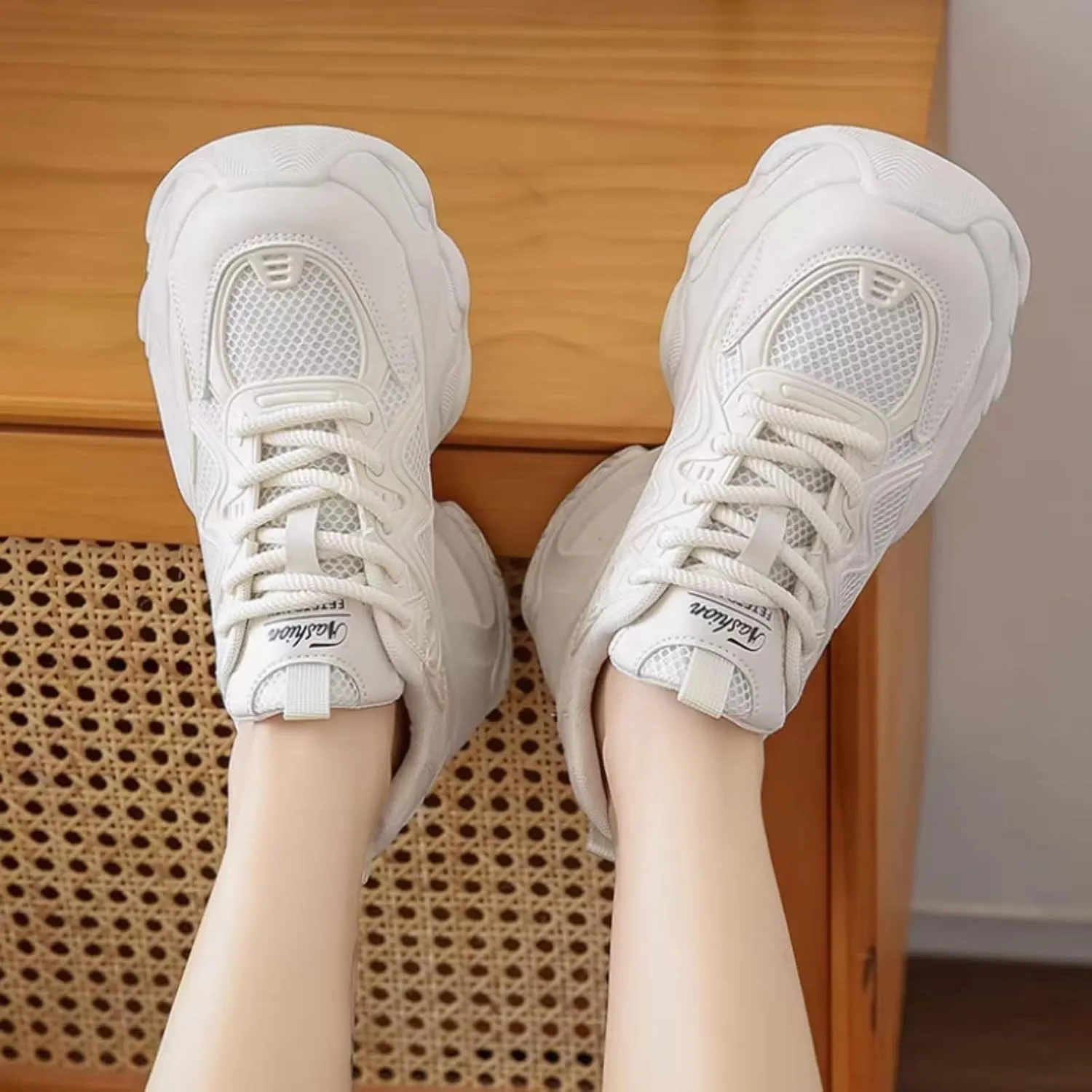 Womens Leather Lace-Up Platform Sneakers Casual Non-Slip Shock Absorbing Heighten Fashion Breathable Walking Workout Shoes