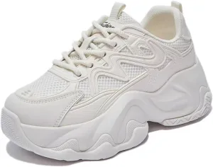 Womens Leather Lace-Up Platform Sneakers Casual Non-Slip Shock Absorbing Heighten Fashion Breathable Walking Workout Shoes