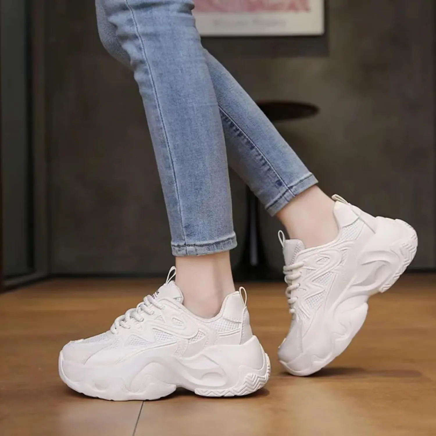 Womens Leather Lace-Up Platform Sneakers Casual Non-Slip Shock Absorbing Heighten Fashion Breathable Walking Workout Shoes