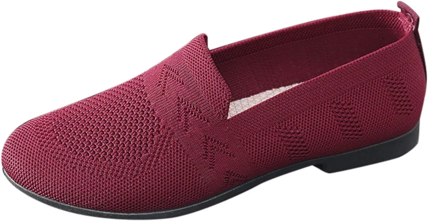 Women's Low Heel Casual Shoes Mesh Breathable Slip On Sneakers Comfortable Wide Width Work Shoes Summer Knit Flats