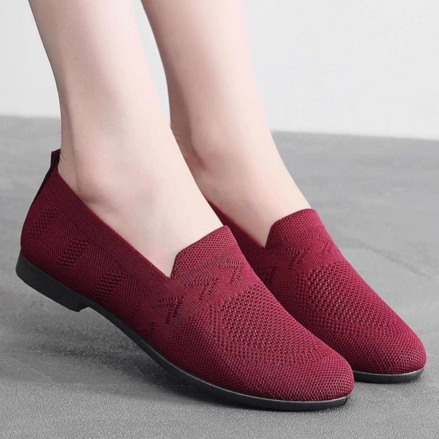 Women's Low Heel Casual Shoes Mesh Breathable Slip On Sneakers Comfortable Wide Width Work Shoes Summer Knit Flats