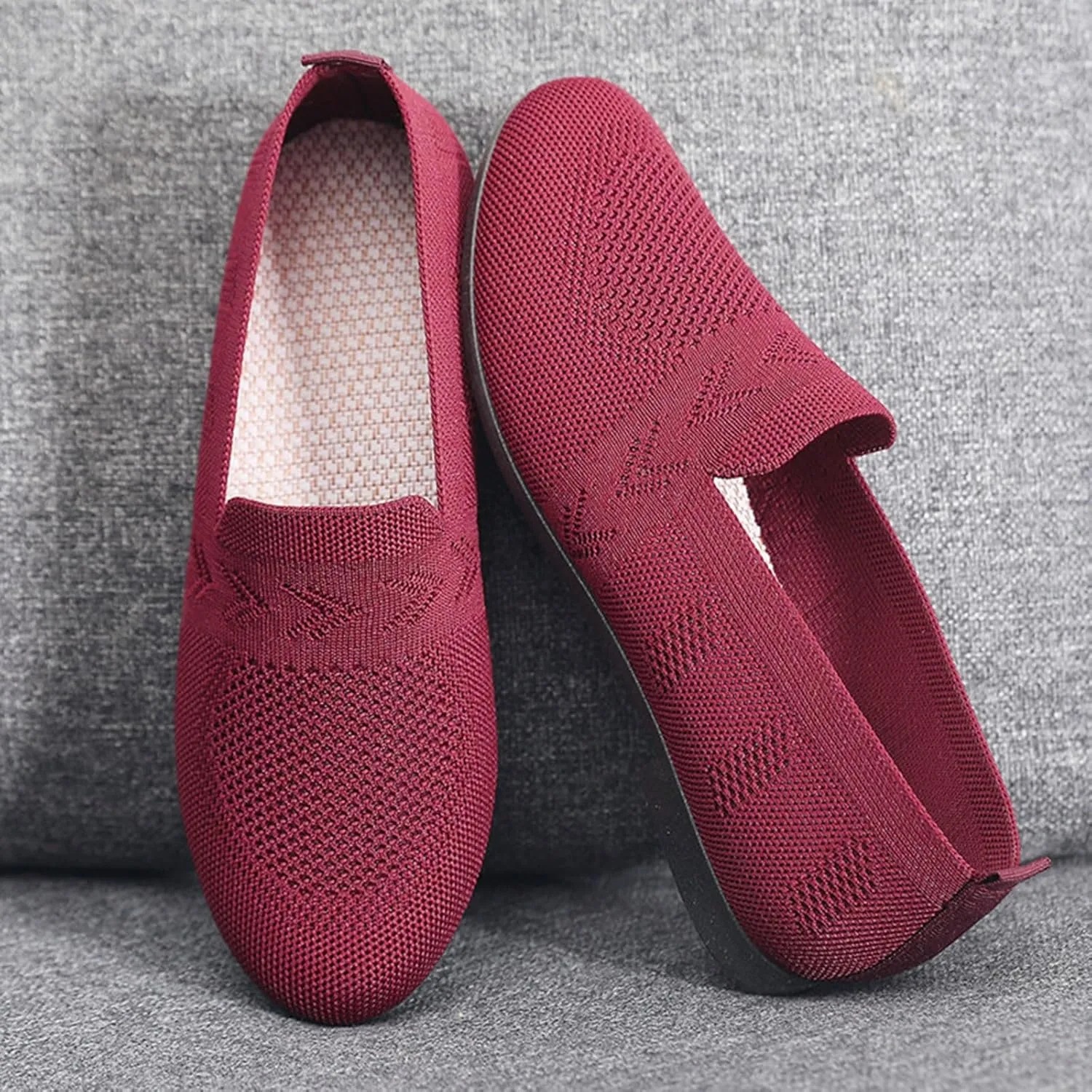 Women's Low Heel Casual Shoes Mesh Breathable Slip On Sneakers Comfortable Wide Width Work Shoes Summer Knit Flats
