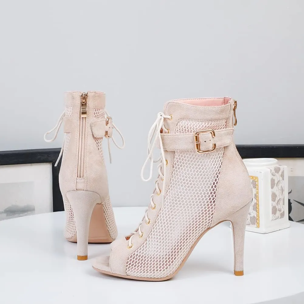 Women's Mesh Stitched Leather Cross Lacing Tall Ballroom Shoes Latin Salsa Jazz Performence Shoes,Model K92
