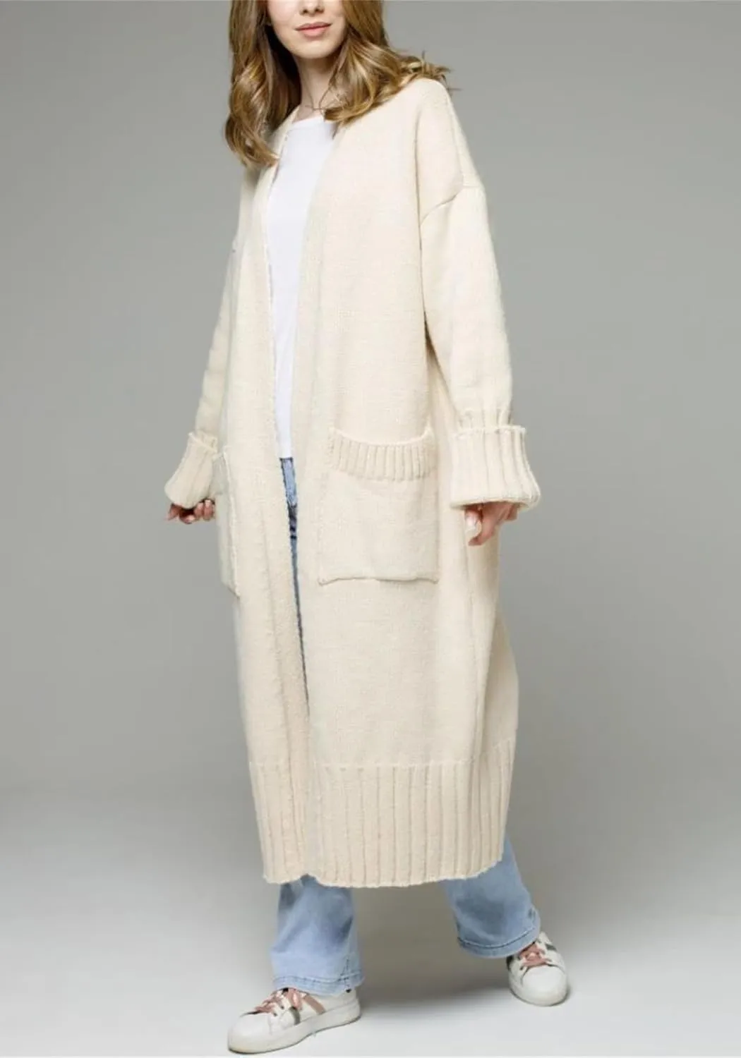 Women's Open Front Cardigan Sweaters Long Sleeves Cable Knit Sweaters Coats Outerwear with Pockets