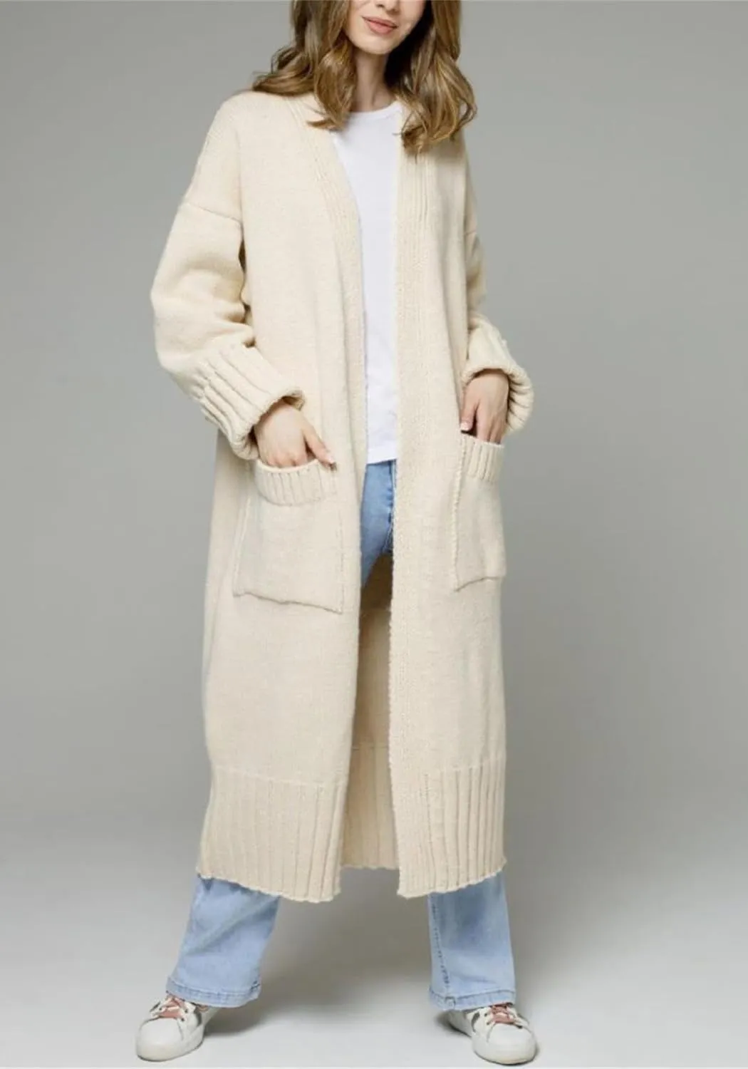 Women's Open Front Cardigan Sweaters Long Sleeves Cable Knit Sweaters Coats Outerwear with Pockets