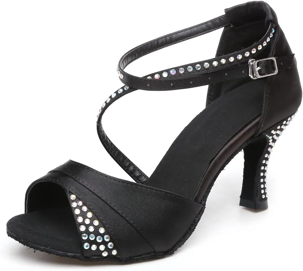 Women's Open Toe Glitter Material Latin Ballroom Dance Shoes Rumba Party Wedding Tango Dance Sandals QRX037