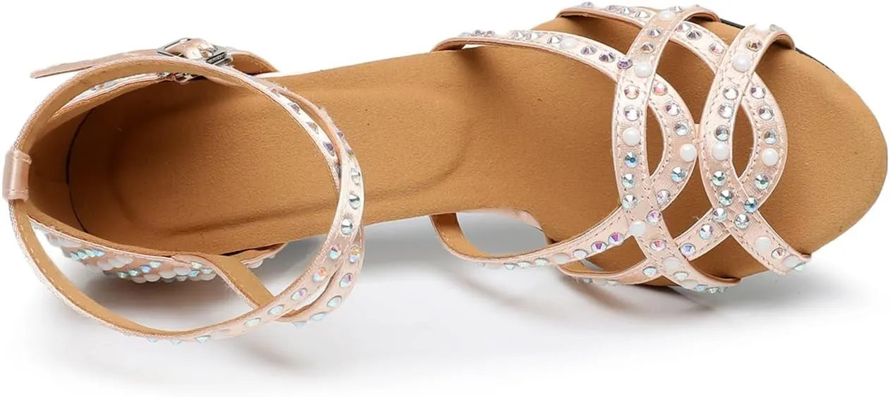 Women's Open Toe Rhinestone Latin Ballroom Dance Shoes Rumba Party Wedding Tango Dance Sandals QRX2204