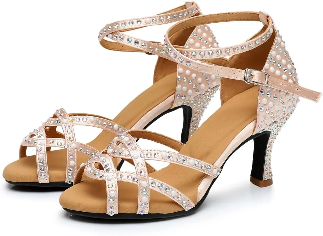 Women's Open Toe Rhinestone Latin Ballroom Dance Shoes Rumba Party Wedding Tango Dance Sandals QRX2204