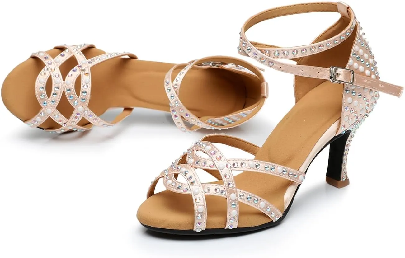 Women's Open Toe Rhinestone Latin Ballroom Dance Shoes Rumba Party Wedding Tango Dance Sandals QRX2204