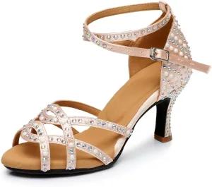 Women's Open Toe Rhinestone Latin Ballroom Dance Shoes Rumba Party Wedding Tango Dance Sandals QRX2204