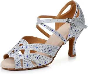 Women's Open Toe Rhinestone Latin Ballroom Dance Shoes Rumba Party Wedding Tango Dance Sandals QRX2208