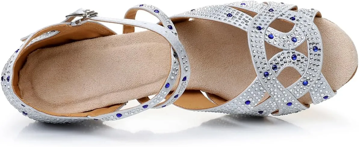 Women's Open Toe Rhinestone Latin Ballroom Dance Shoes Rumba Party Wedding Tango Dance Sandals QRX2208