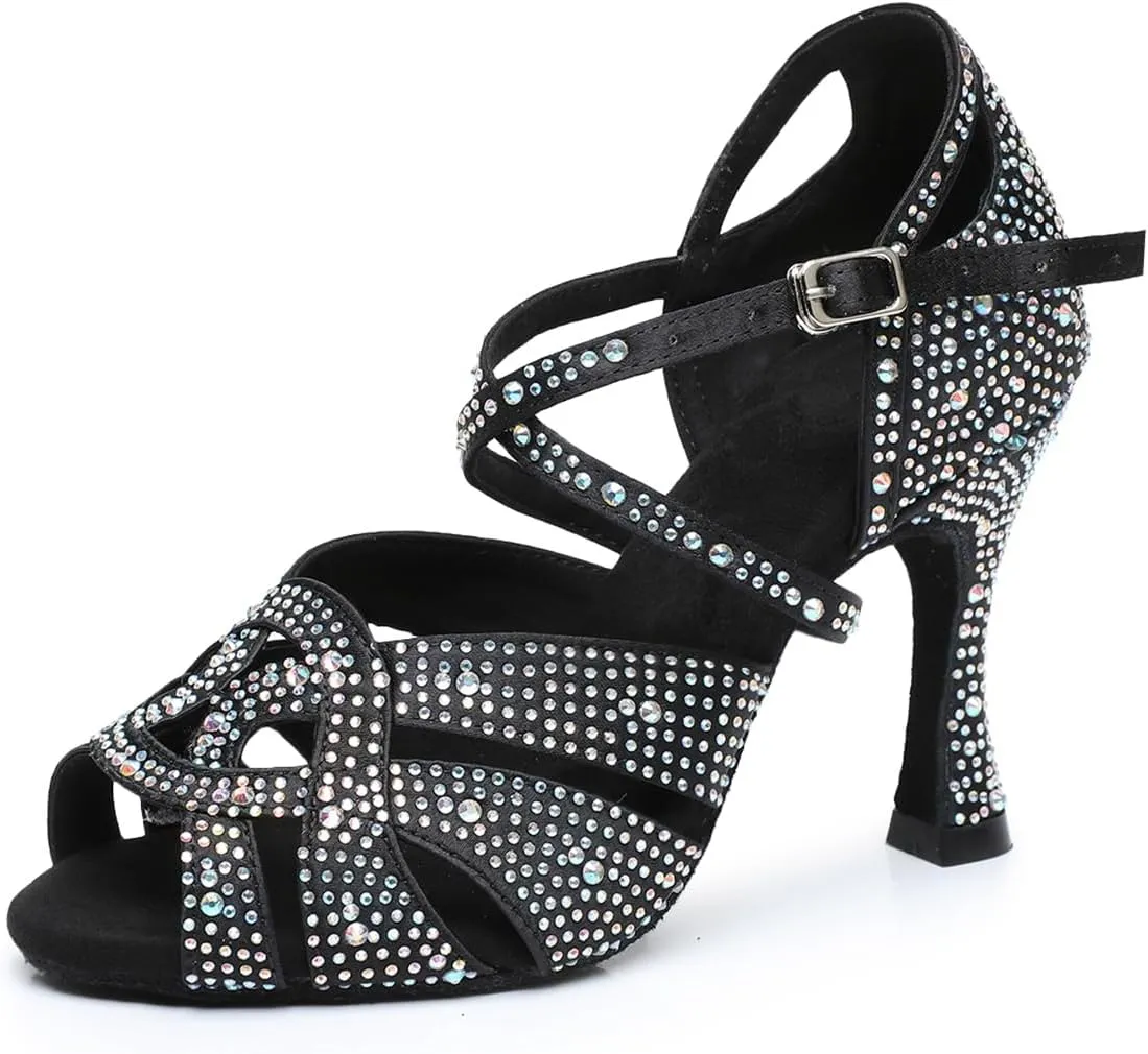 Women's Open Toe Rhinestone Latin Ballroom Dance Shoes Rumba Party Wedding Tango Dance Sandals QRX2208