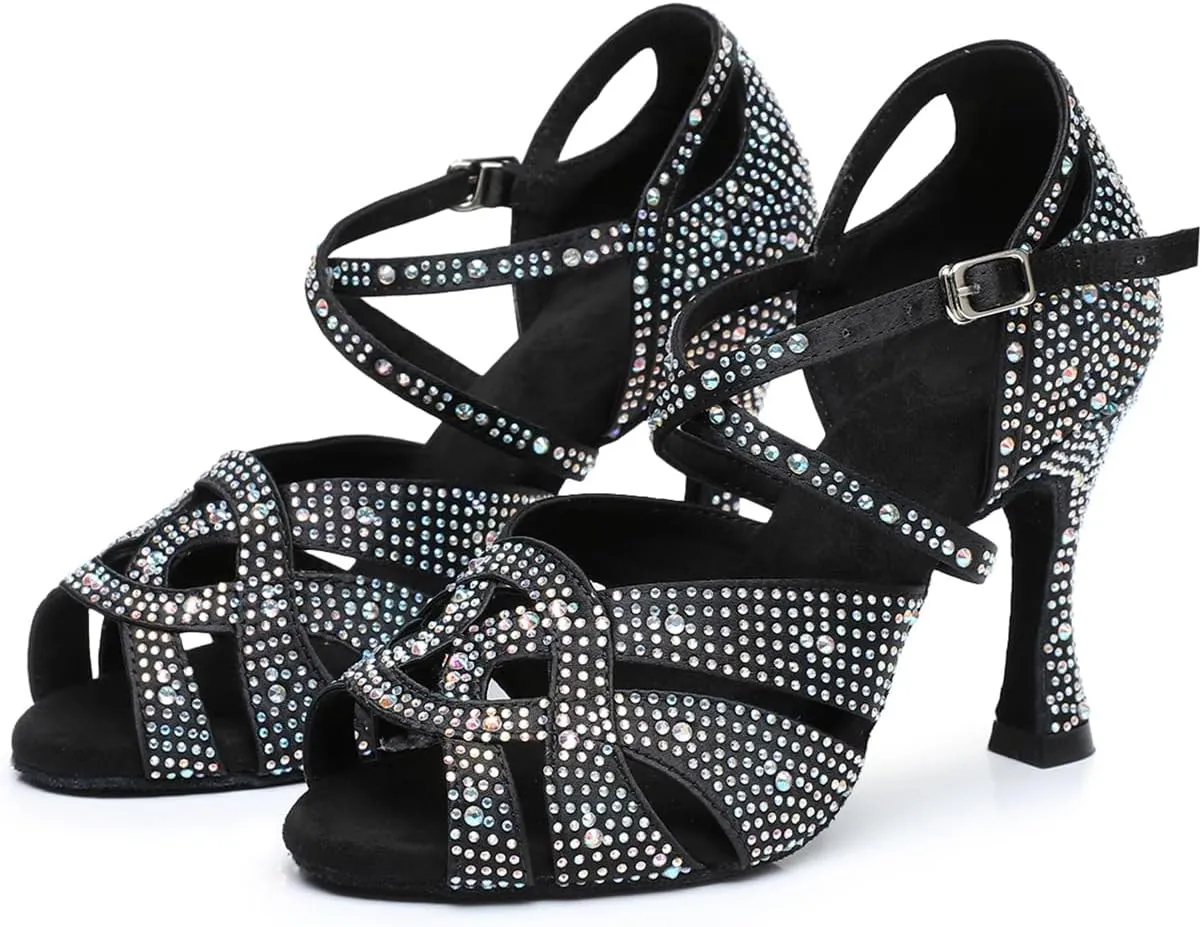 Women's Open Toe Rhinestone Latin Ballroom Dance Shoes Rumba Party Wedding Tango Dance Sandals QRX2208