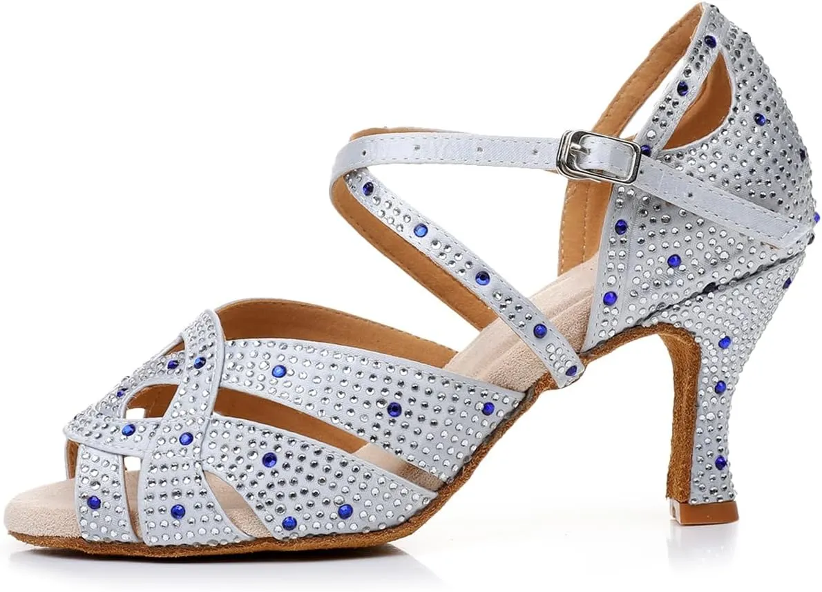 Women's Open Toe Rhinestone Latin Ballroom Dance Shoes Rumba Party Wedding Tango Dance Sandals QRX2208