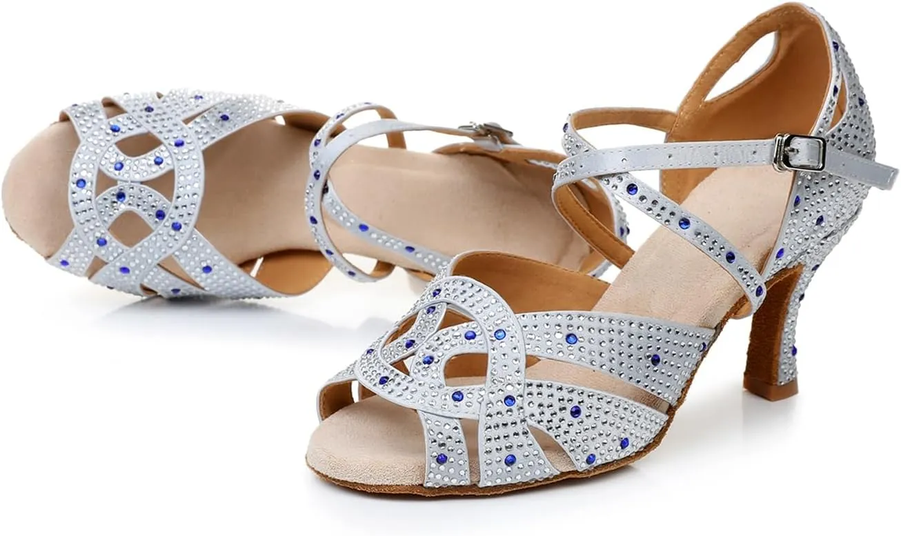 Women's Open Toe Rhinestone Latin Ballroom Dance Shoes Rumba Party Wedding Tango Dance Sandals QRX2208