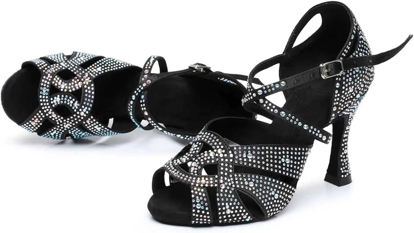 Women's Open Toe Rhinestone Latin Ballroom Dance Shoes Rumba Party Wedding Tango Dance Sandals QRX2208