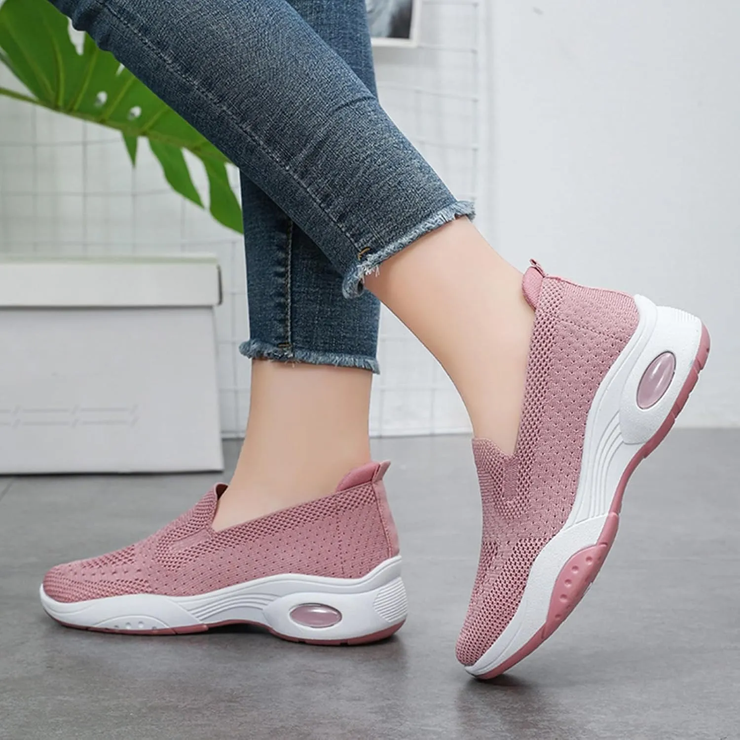 Womens Orthopedic Sneakers Air Cushion Slip On Sneakers Mesh Comfortable Athletic Running Walking Shoes with Arch Support Lightweight Low Top Diabetes Shoes Casual All-Day Comfort Wide Width Loafers