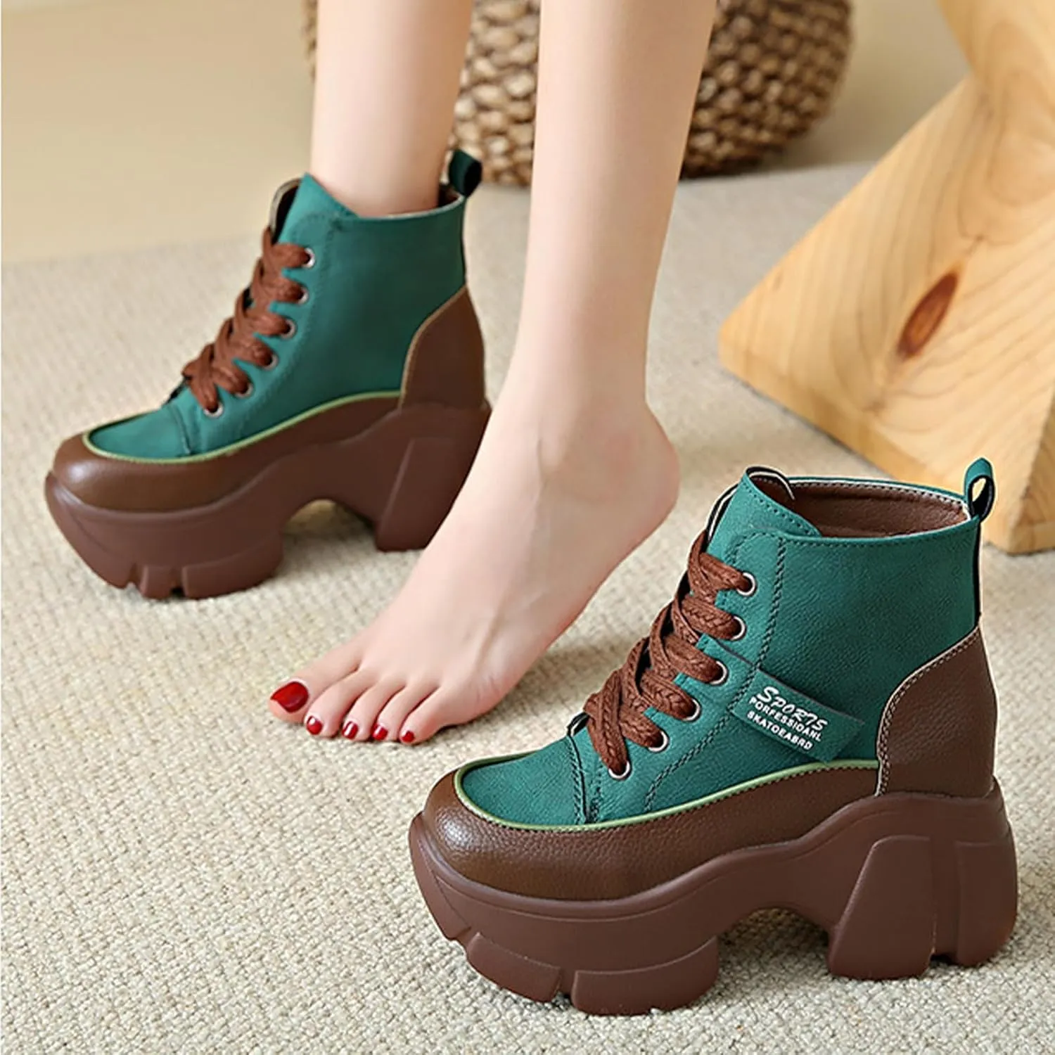 Women's Platform Chunky Lace Up High Top Sneakers Fashion Height Increased Round Toe Leather Casual Dad Shoes Wedge Heel Non-Slip Comfortable Walking Sport Shoes