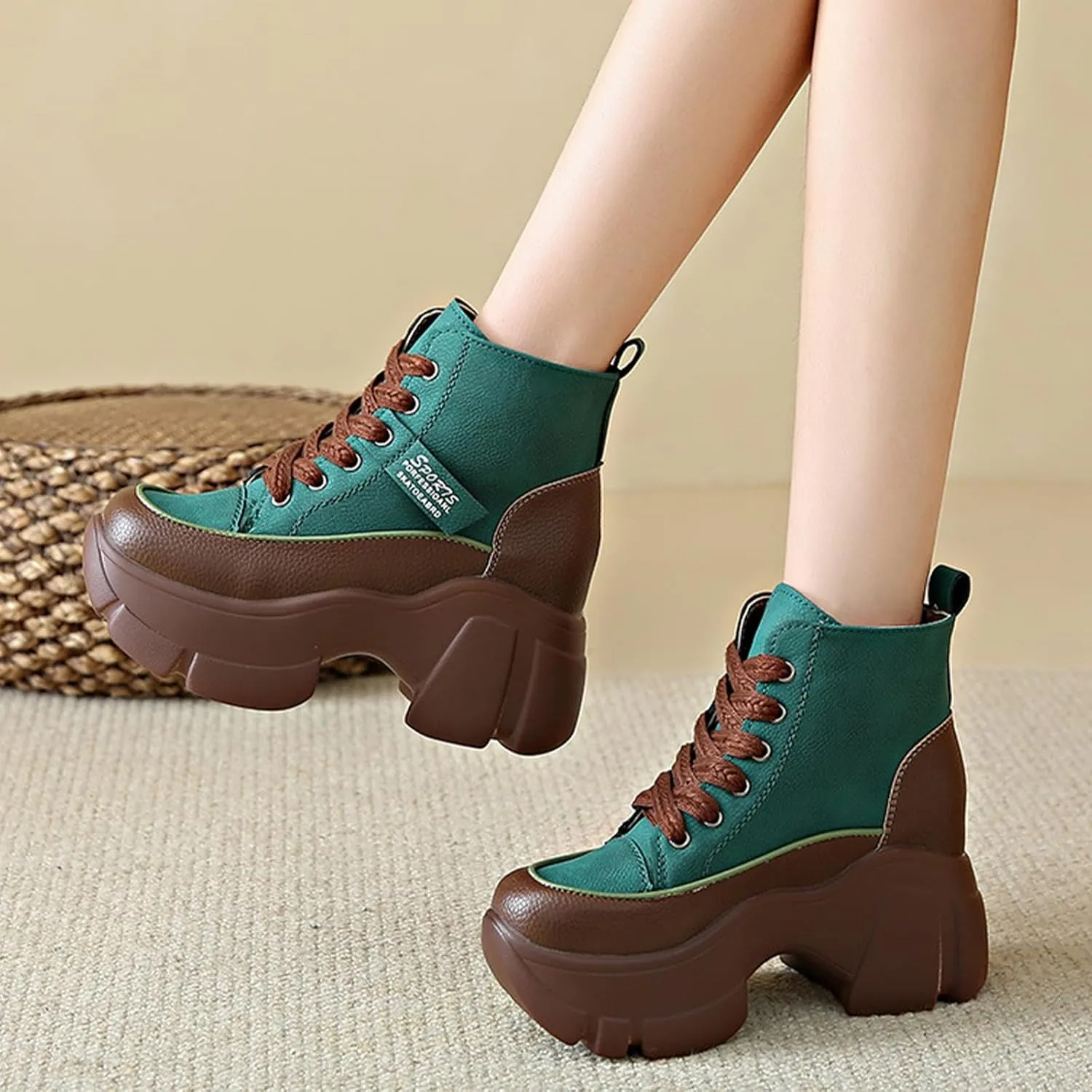 Women's Platform Chunky Lace Up High Top Sneakers Fashion Height Increased Round Toe Leather Casual Dad Shoes Wedge Heel Non-Slip Comfortable Walking Sport Shoes