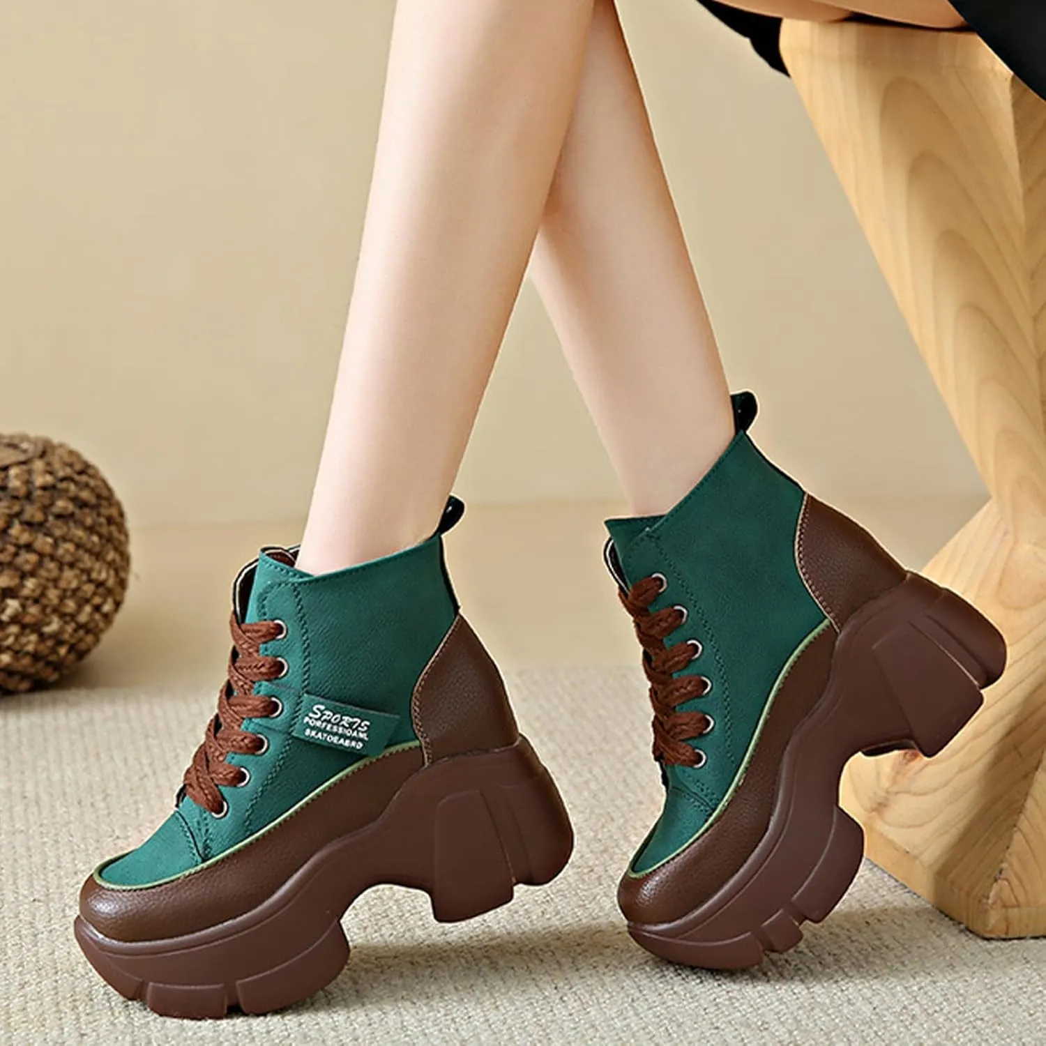 Women's Platform Chunky Lace Up High Top Sneakers Fashion Height Increased Round Toe Leather Casual Dad Shoes Wedge Heel Non-Slip Comfortable Walking Sport Shoes