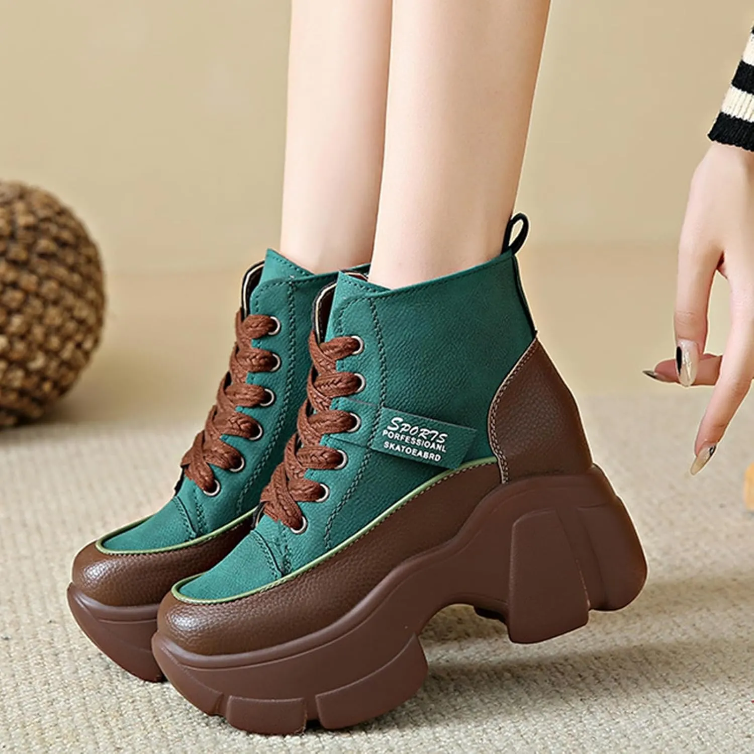 Women's Platform Chunky Lace Up High Top Sneakers Fashion Height Increased Round Toe Leather Casual Dad Shoes Wedge Heel Non-Slip Comfortable Walking Sport Shoes