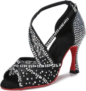 Women's Red Sole Latin Dance Shoes - Tango Ballroom Cuban Heel Rhinestone Sandals, 5CM/2Inch Heel Height