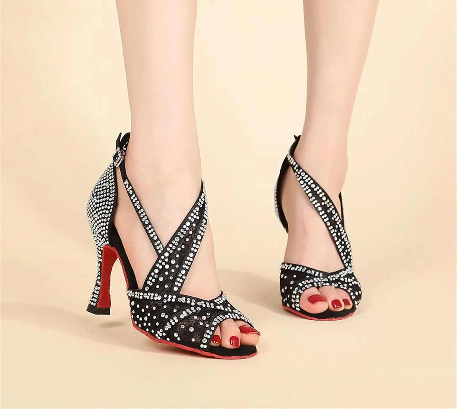 Women's Red Sole Latin Dance Shoes - Tango Ballroom Cuban Heel Rhinestone Sandals, 5CM/2Inch Heel Height