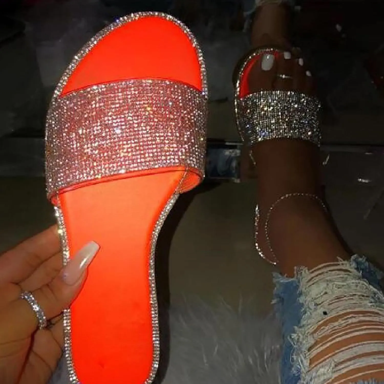 Women's Rhinestone Embellished Flat Slipper Sparkly Rubber Sole Slip on Sandal Solid Open Toe Summer Walking Slide