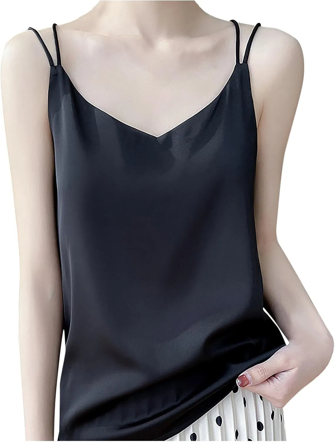 Womens Silk Satin Camisole Tank Tops V Neck Spaghetti Strap Blouses Back Sleeveless Shirt Half Top