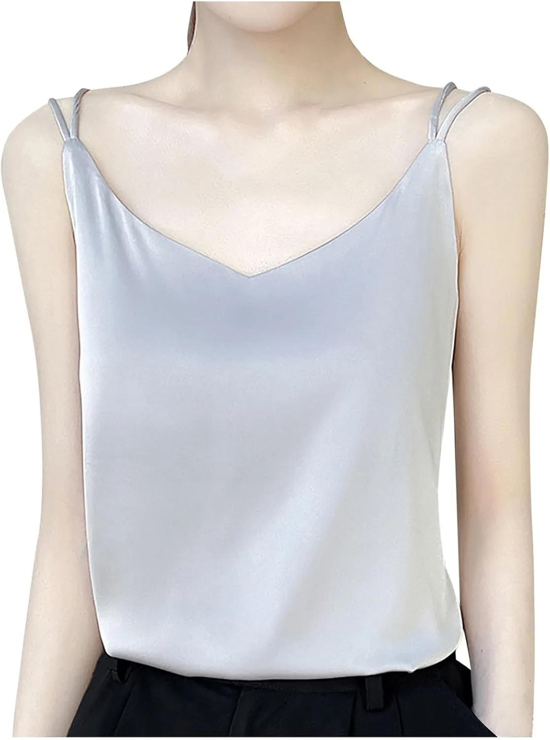 Womens Silk Satin Camisole Tank Tops V Neck Spaghetti Strap Blouses Back Sleeveless Shirt Half Top