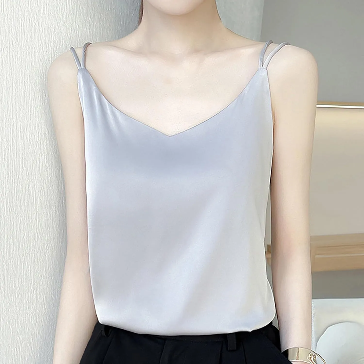 Womens Silk Satin Camisole Tank Tops V Neck Spaghetti Strap Blouses Back Sleeveless Shirt Half Top