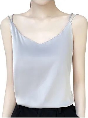 Womens Silk Satin Camisole Tank Tops V Neck Spaghetti Strap Blouses Back Sleeveless Shirt Half Top