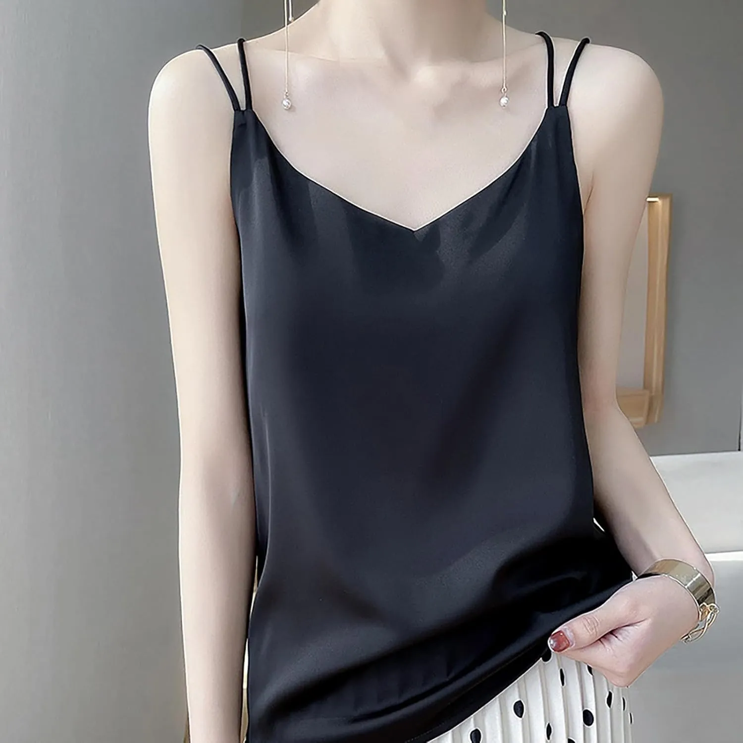 Womens Silk Satin Camisole Tank Tops V Neck Spaghetti Strap Blouses Back Sleeveless Shirt Half Top