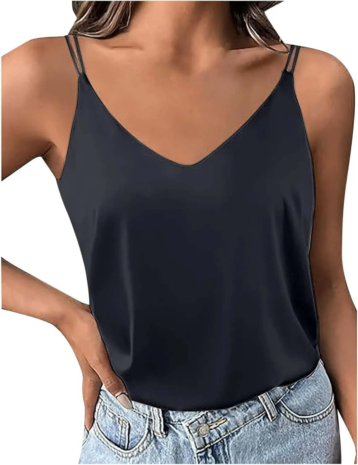 Womens Silk Satin Camisole Tank Tops V Neck Spaghetti Strap Blouses Back Sleeveless Shirt Half Top