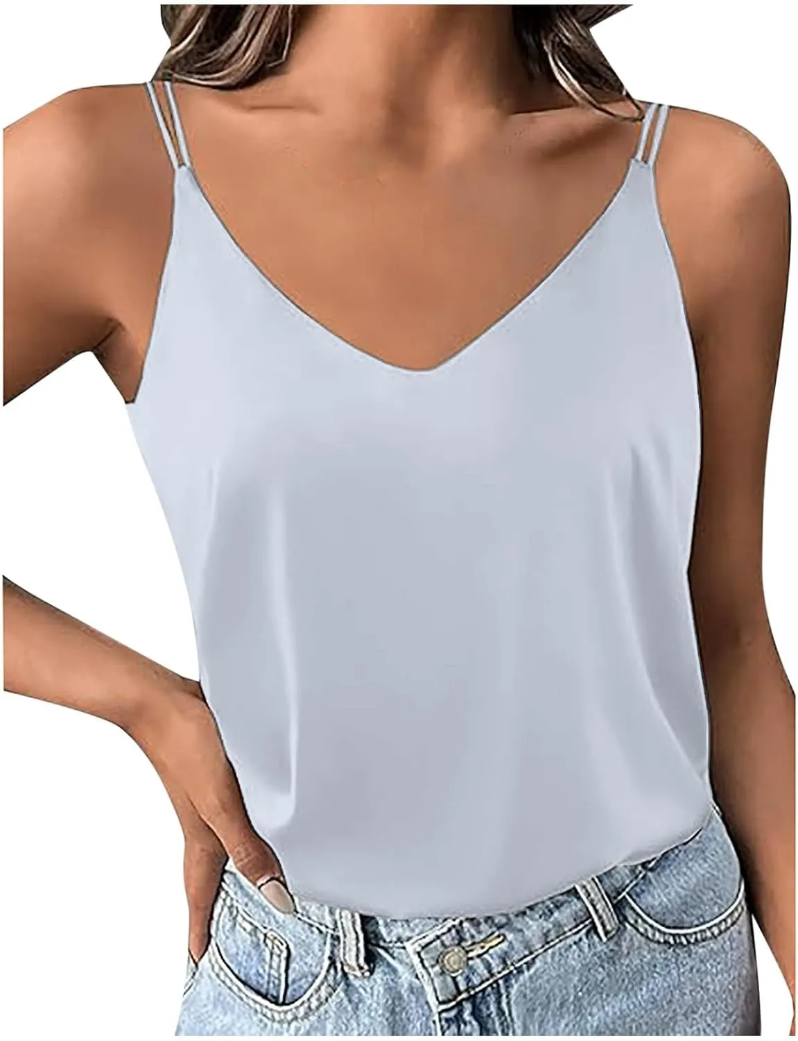 Womens Silk Satin Camisole Tank Tops V Neck Spaghetti Strap Blouses Back Sleeveless Shirt Half Top