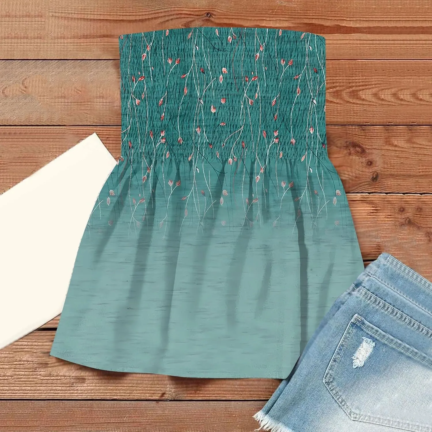 Womens Strapless Bandeau Tank Tops Tube Tops Floral Tanks Smocked Ruffled Backless Casual Summer Sleeveless Shirts