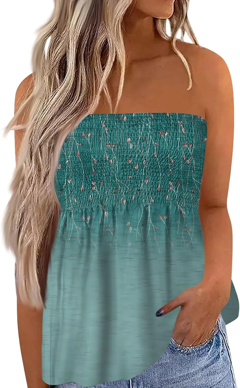 Womens Strapless Bandeau Tank Tops Tube Tops Floral Tanks Smocked Ruffled Backless Casual Summer Sleeveless Shirts