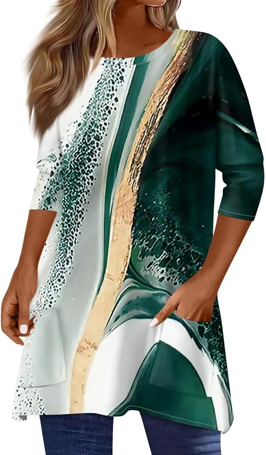Womens Summer 3/4 Length Sleeve Tunic Tops Trendy Plus Size Flowy Long Sleeve Shirts Casual Elegant Floral Blouses