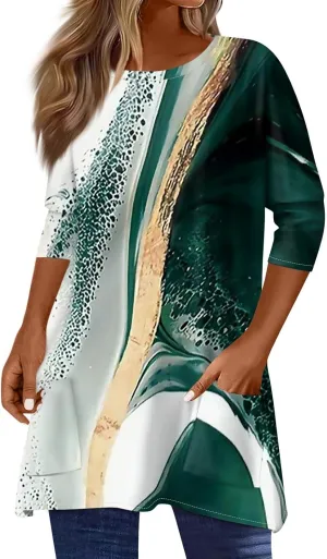 Womens Summer 3/4 Length Sleeve Tunic Tops Trendy Plus Size Flowy Long Sleeve Shirts Casual Elegant Floral Blouses