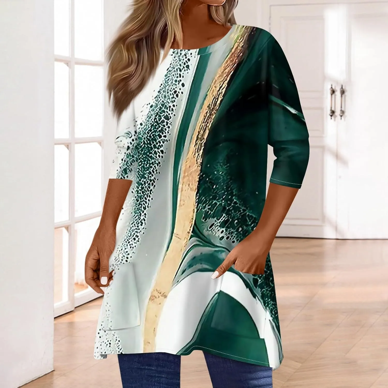 Womens Summer 3/4 Length Sleeve Tunic Tops Trendy Plus Size Flowy Long Sleeve Shirts Casual Elegant Floral Blouses