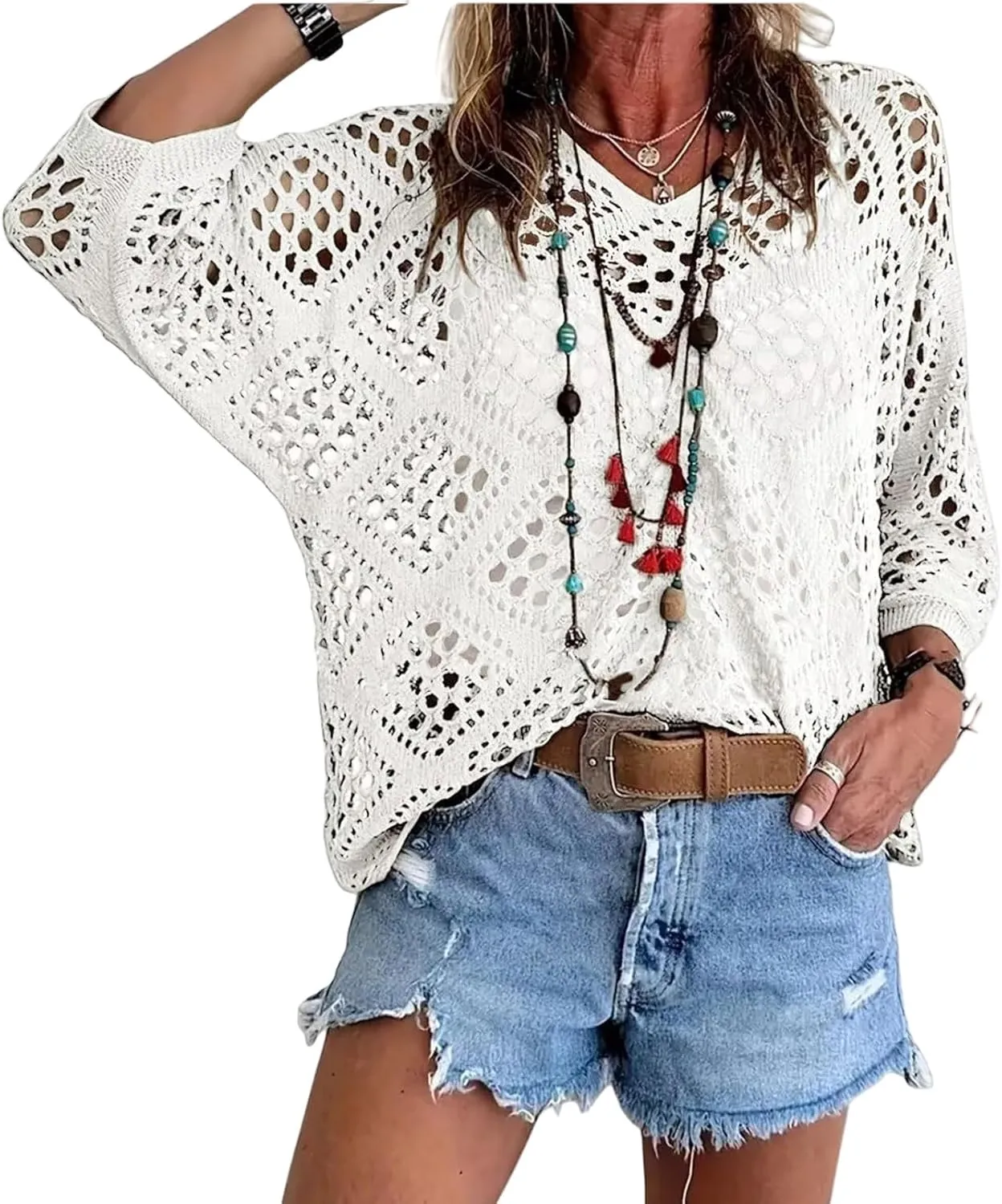 Womens Summer Crochet Top Hollow Out V Neck Long Batwing Sleeve Pullover Tops Sweater 2025 Beach Cover ups