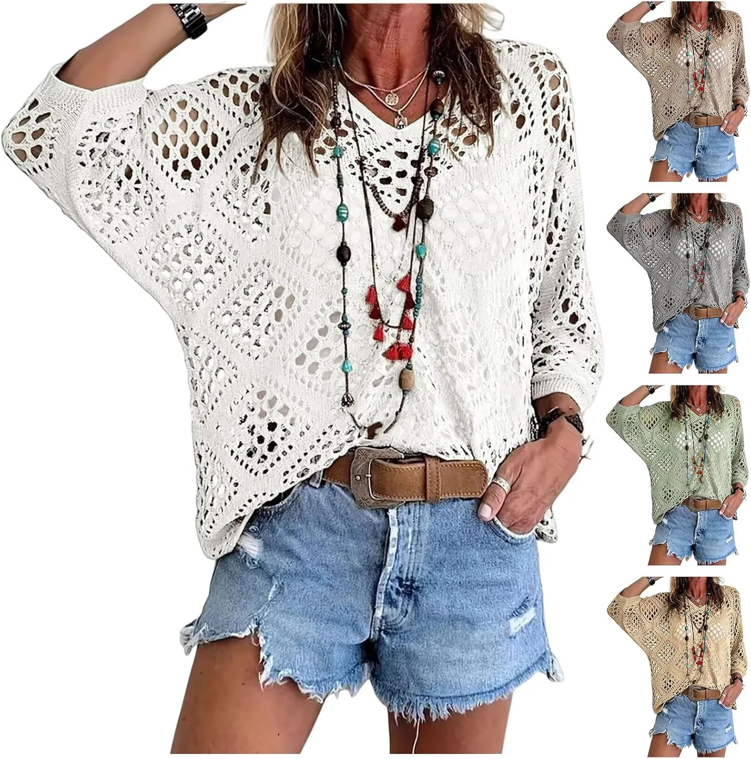 Womens Summer Crochet Top Hollow Out V Neck Long Batwing Sleeve Pullover Tops Sweater 2025 Beach Cover ups