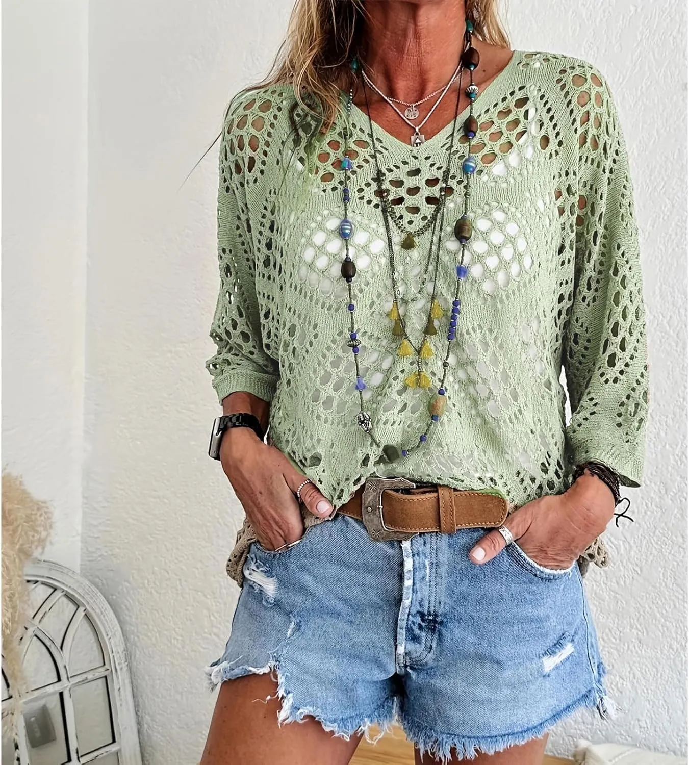 Womens Summer Crochet Top Hollow Out V Neck Long Batwing Sleeve Pullover Tops Sweater 2025 Beach Cover ups