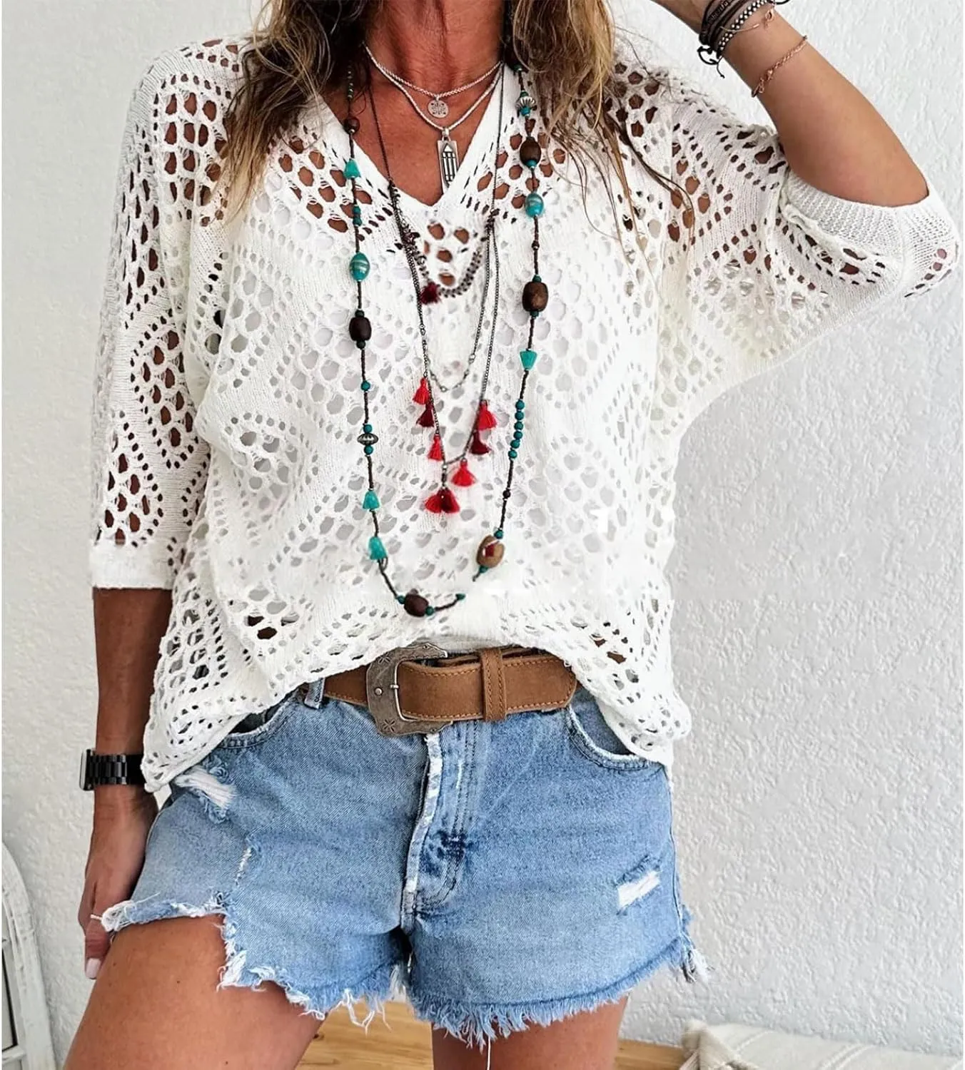 Womens Summer Crochet Top Hollow Out V Neck Long Batwing Sleeve Pullover Tops Sweater 2025 Beach Cover ups
