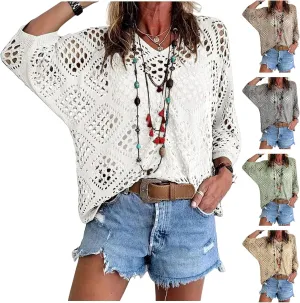 Womens Summer Crochet Top Hollow Out V Neck Long Batwing Sleeve Pullover Tops Sweater 2025 Beach Cover ups