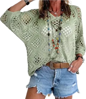 Womens Summer Crochet Top Hollow Out V Neck Long Batwing Sleeve Pullover Tops Sweater 2025 Beach Cover ups