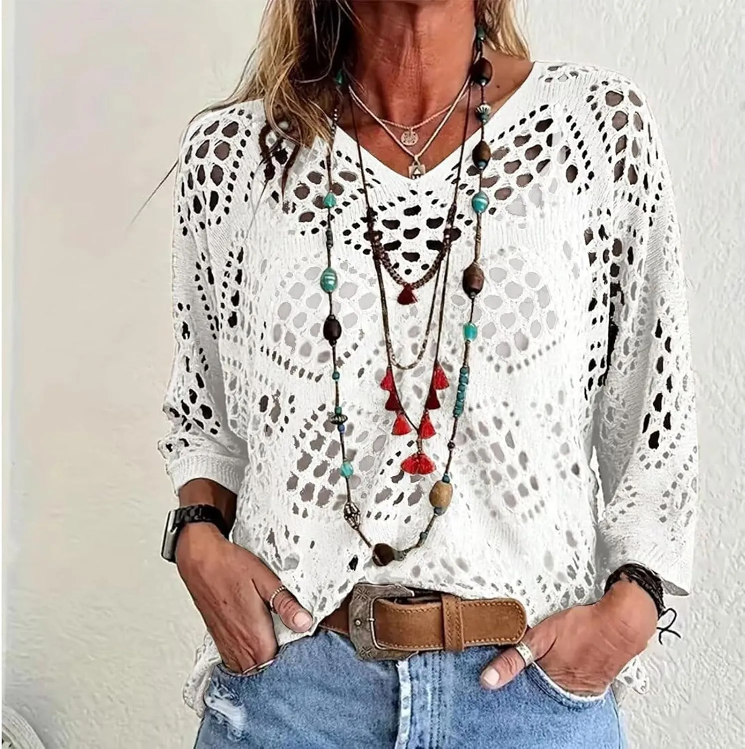 Womens Summer Crochet Top Hollow Out V Neck Long Batwing Sleeve Pullover Tops Sweater 2025 Beach Cover ups