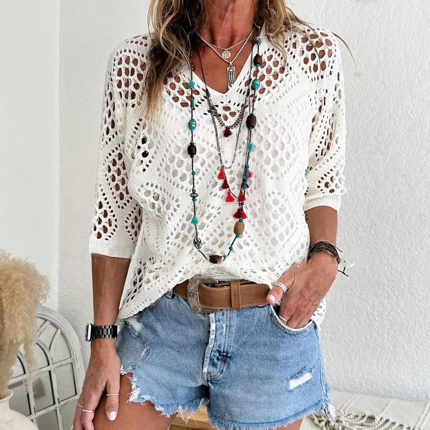 Womens Summer Crochet Top Hollow Out V Neck Long Batwing Sleeve Pullover Tops Sweater 2025 Beach Cover ups