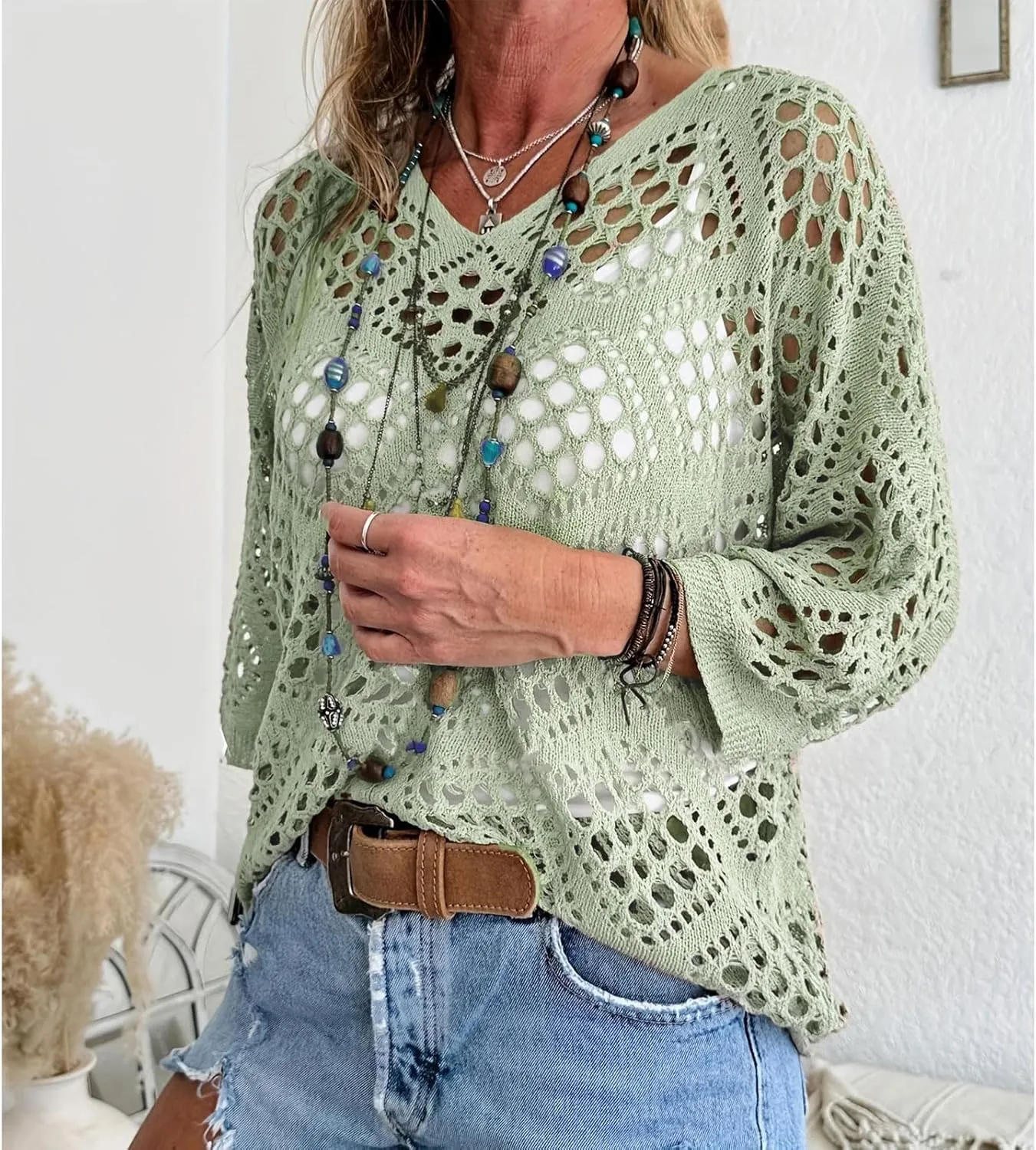 Womens Summer Crochet Top Hollow Out V Neck Long Batwing Sleeve Pullover Tops Sweater 2025 Beach Cover ups